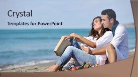  Presentation with summer time - Colorful presentation design enhanced with happy young couple enjoying picnic on the beach and have good time on summer vacations backdrop and a light blue colored foreground