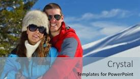  Presentation with snow day - Slide set enhanced with happy young couple has fun on fresh snow at beautiful winter sunny day on relaxing vacation background and a light blue colored foreground