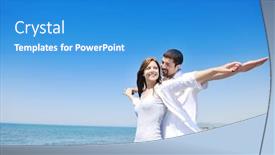  Presentation with romantic beach - Audience pleasing presentation theme consisting of happy young couple have fun and romantic moments on beach at summer season and representing happiness and travel concept backdrop and a teal colored foreground