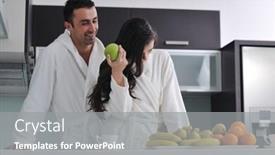  Presentation with modern food - PPT layouts consisting of happy young couple have fun in modern kitchen indoor while preparing fresh fruits and vegetables food salad background and a gray colored foreground