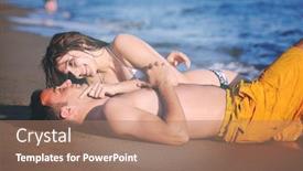  Presentation with romantic beach - Presentation design with happy young couple have romantic time on beach at sunset background and a coral colored foreground