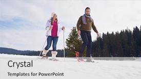 Presentation with snow day - Beautiful PPT theme featuring happy young couple having fun and walking in snow shoes outdoor in nature at beautiful winter day health sport and relaxation backdrop and a light gray colored foreground