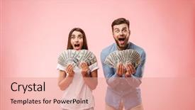  Presentation with celebrate office success - Slide set having happy young couple holding bunch background and a coral colored foreground