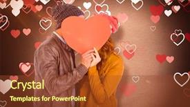  Presentation with young happy couple - Presentation theme featuring happy young couple holding heart shape paper against love heart pattern background and a tawny brown colored foreground