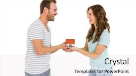  Presentation with young happy couple - Colorful slide deck enhanced with happy young couple holding model house on white background backdrop and a sky blue colored foreground