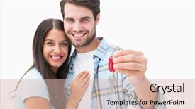  Presentation with young happy couple - Amazing presentation theme having happy young couple holding new backdrop and a soft green colored foreground