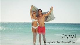  Presentation with young happy couple - Cool new presentation with happy young couple holding towel backdrop and a light blue colored foreground
