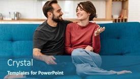  Presentation with remote - Beautiful presentation theme featuring happy-young-couple-hugging backdrop and a ocean colored foreground