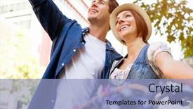  Presentation with young happy couple - Cool new PPT theme with happy young couple in city backdrop and a light blue colored foreground