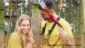  Presentation with young happy couple - PPT theme enhanced with happy young couple in high wire garden at a teambuilding event background and a gold colored foreground