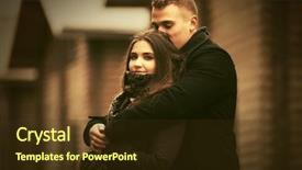  Presentation with cabin - Slides consisting of happy young couple in love next to wooden cabin stylish fashion model outdoor background and a tawny brown colored foreground