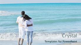 Presentation with romantic beach - Beautiful presentation design featuring happy young couple in white clothing have romantic recreation and fun at beautiful beach on vacations backdrop and a light blue colored foreground