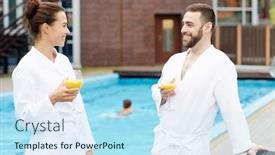  Presentation with orange juice - Presentation featuring happy young couple in white bathrobes having orange juice by swimming pool background and a sky blue colored foreground