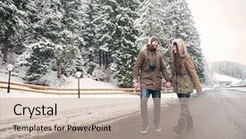  Presentation with walking together - Theme featuring happy young couple laughing and walking on the road together in winter background and a mint green colored foreground