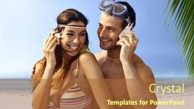  Presentation with seashell - Beautiful PPT theme featuring happy young couple listening to murmur of sea in seashell on the beach smiling hugging backdrop and a red colored foreground