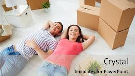  Presentation with young happy couple - PPT theme with happy young couple lying on the floor of new house and looking at camera background and a soft green colored foreground