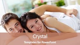  Presentation with young happy couple - Cool new presentation with happy young couple lying in bed and looking at camera with smiles backdrop and a coral colored foreground