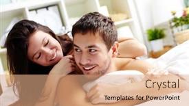  Presentation with good morning couple bed - Presentation design featuring happy young couple lying in bed background and a coral colored foreground