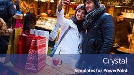  Presentation with fair - PPT theme consisting of happy-young-couple-making-selfie background and a ocean colored foreground