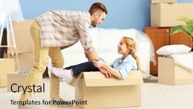  Presentation with apartment - Cool new PPT theme with happy young couple moving in their new apartment backdrop and a lemonade colored foreground