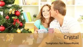  Presentation with tea party - PPT theme having happy young couple near christmas background and a yellow colored foreground