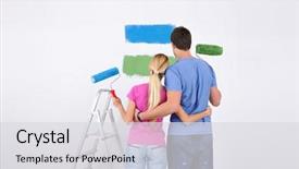 Presentation with wall paint - Cool new slide deck with happy young couple paint in green and blue color white wall of their new home backdrop and a light gray colored foreground