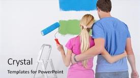 Presentation with wall paint - Slide deck featuring happy young couple paint in green and blue color white wall of their new home background and a light gray colored foreground