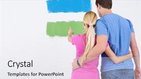  Presentation with green color - Theme having happy young couple paint in green and blue color white wall of their new home background and a white colored foreground