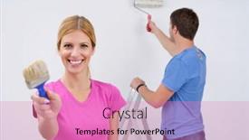 Presentation with wall paint - Slide deck featuring happy young couple paint in green and blue color white wall of their new home background and a coral colored foreground