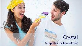  Presentation with falling snow - Slide set consisting of happy young couple painting together and laughing against snow falling background and a sky blue colored foreground