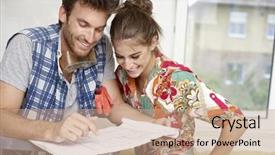  Presentation with young happy couple - Cool new presentation with happy young couple planning new backdrop and a coral colored foreground