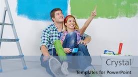  Presentation with green color - Slides featuring happy young couple relax after painting white wall in green and blue color in their new home background and a teal colored foreground