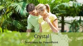  Presentation with nursery plant - PPT theme enhanced with happy young couple shopping for plant in nursery greenhouse background and a yellow colored foreground