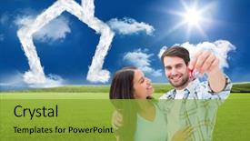  Presentation with green house - Slides featuring happy young couple showing new house key against sunny green landscape background and a gold colored foreground