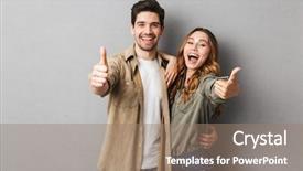  Presentation with young happy couple - Cool new PPT theme with happy young couple showing thumbs backdrop and a coral colored foreground
