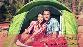  Presentation with tent - Colorful presentation design enhanced with happy young couple sitting in tent male and female hikers are resting in tent young partners are with hiking bag on sunny day backdrop and a red colored foreground