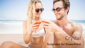  Presentation with toasting - Beautiful theme featuring happy young couple sitting on the beach and toasting cocktail glasses backdrop and a coral colored foreground