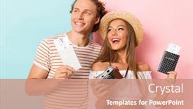  Presentation with flight - Audience pleasing slides consisting of happy young couple standing isolated over double colored background holding passport with flight tickets backdrop and a coral colored foreground