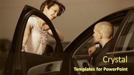  Presentation with car door - Audience pleasing presentation theme consisting of happy-young-couple-talking-through backdrop and a wine colored foreground