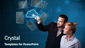  Presentation with young happy couple - Presentation design featuring happy young couple touching cloud background and a navy blue colored foreground