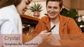  Presentation with young happy couple - Slide deck with happy-young-couple-using-mobile background and a red colored foreground