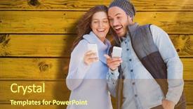  Presentation with young happy couple - Slide deck featuring happy young couple using mobile phone against green paint splashed surface background and a tawny brown colored foreground