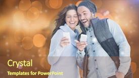  Presentation with young happy couple - Theme with happy young couple using mobile phone against glowing background background and a tawny brown colored foreground