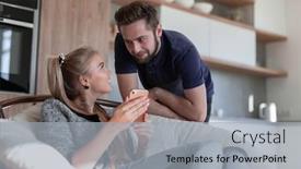  Presentation with young happy couple - Beautiful presentation theme featuring happy-young-couple-using-phone backdrop and a light gray colored foreground