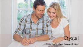  Presentation with home documents - PPT theme with happy young couple with financial background and a coral colored foreground