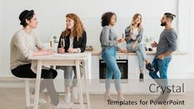  Presentation with flutes - Presentation design having happy young couple with flutes of champagne sitting by table and having chat on background of their relaxing friends background and a mint green colored foreground