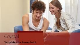  Presentation with young happy couple - Cool new slide set with happy-young-couple-with-laptop backdrop and a tawny brown colored foreground