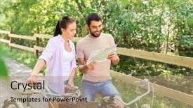  Presentation with young happy couple - Cool new presentation theme with happy young couple with map backdrop and a coral colored foreground