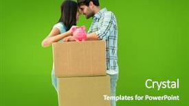  Presentation with green moving - Colorful slide deck enhanced with happy young couple with moving boxes and piggy bank against green vignette backdrop and a tawny brown colored foreground