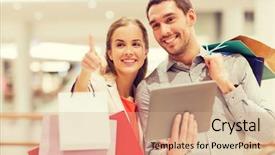  Presentation with young happy couple - Theme having happy young couple with shopping background and a coral colored foreground